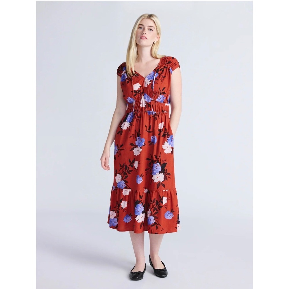 Time and Tru Women's Rust Floral Print V Neck‎ Tiered Midi Dress L NWT